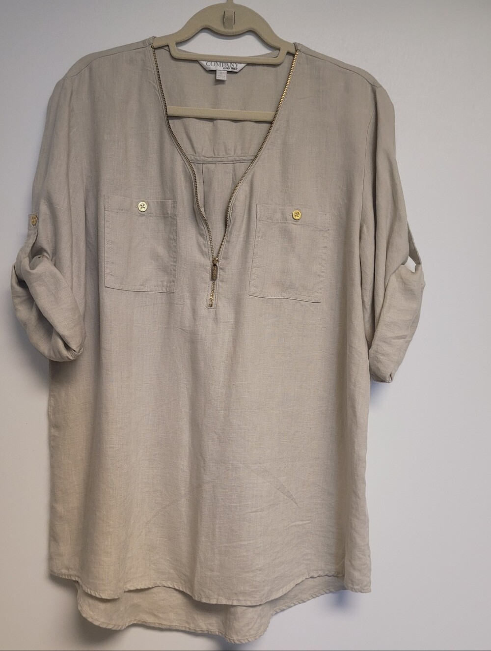 Ellen Tracy Women Roll Tab Short Sleeve Linen Tunic 1/4 Zip Shirt/Top/Blouse L
